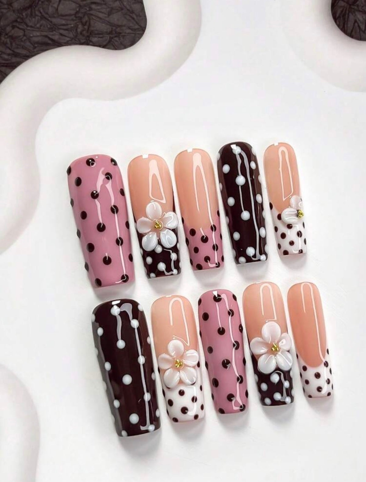 Adorable Brown & Pink Polka Dot Coffin/Square Press-On Nails