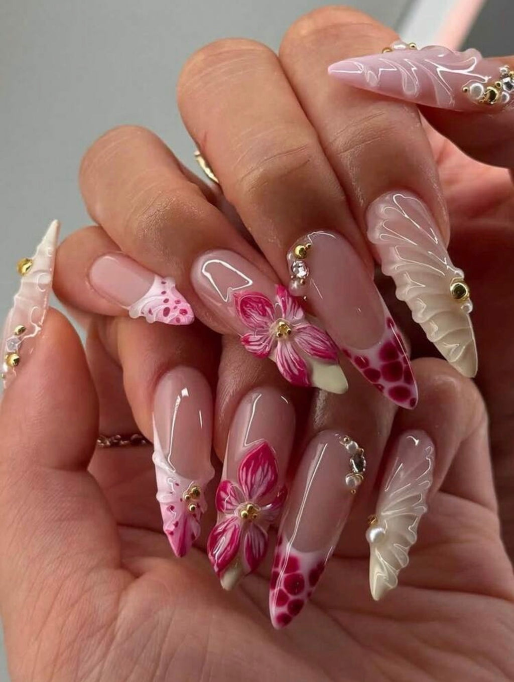 3D Almond Press-on Nails with Burgundy Hibiscus