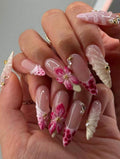 3D Almond Press-on Nails with Burgundy Hibiscus