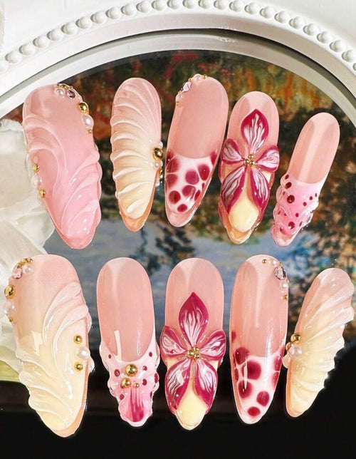 3D Almond Press-on Nails with Burgundy Hibiscus