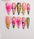 Jungle-themed French tip 3D Hibiscus Stiletto Press-on Nails