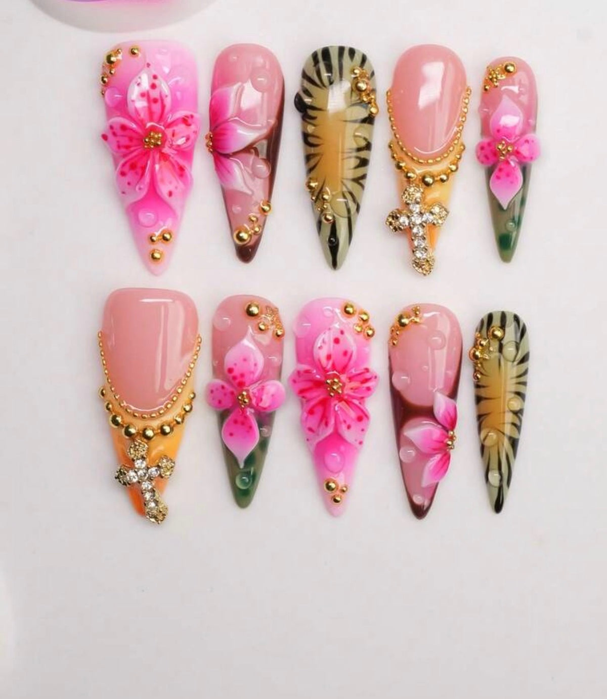 Jungle-themed French tip 3D Hibiscus Stiletto Press-on Nails