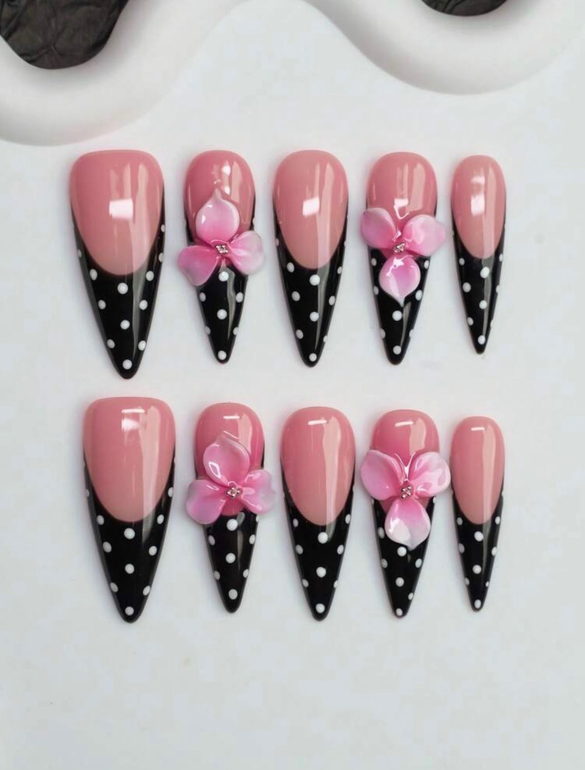 Black French Tip Polka Dot Hibiscus Stiletto Press-On Nails