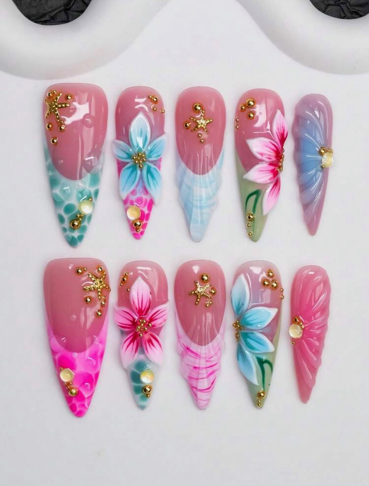Pink Hibiscus Floral 3D Stiletto Press-on Nails